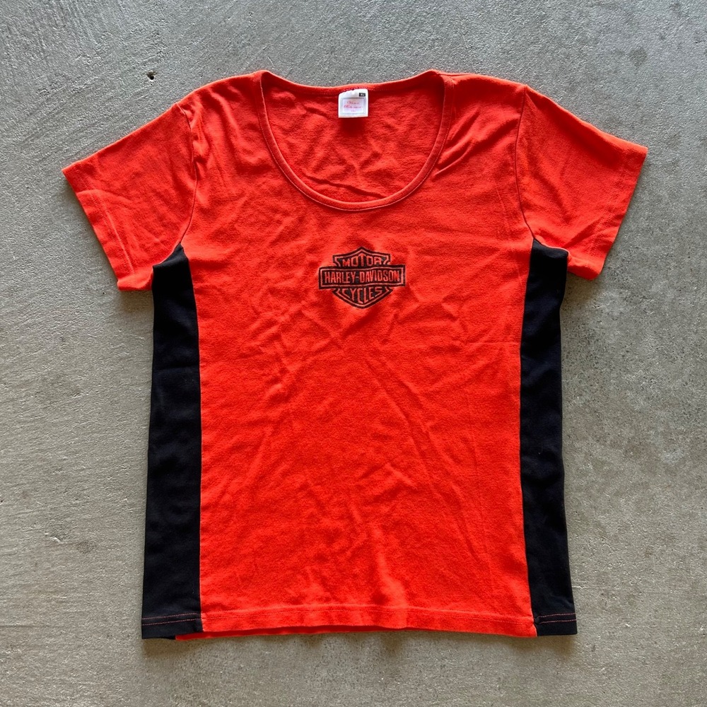 Vintage Harley Davidson Shirt Womens XL Orange Black Biker Embroidered Logo